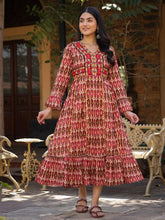 Maroon Ikat Printed Cotton Maxi Dress with Embroidered Neckline-S4551MAROON